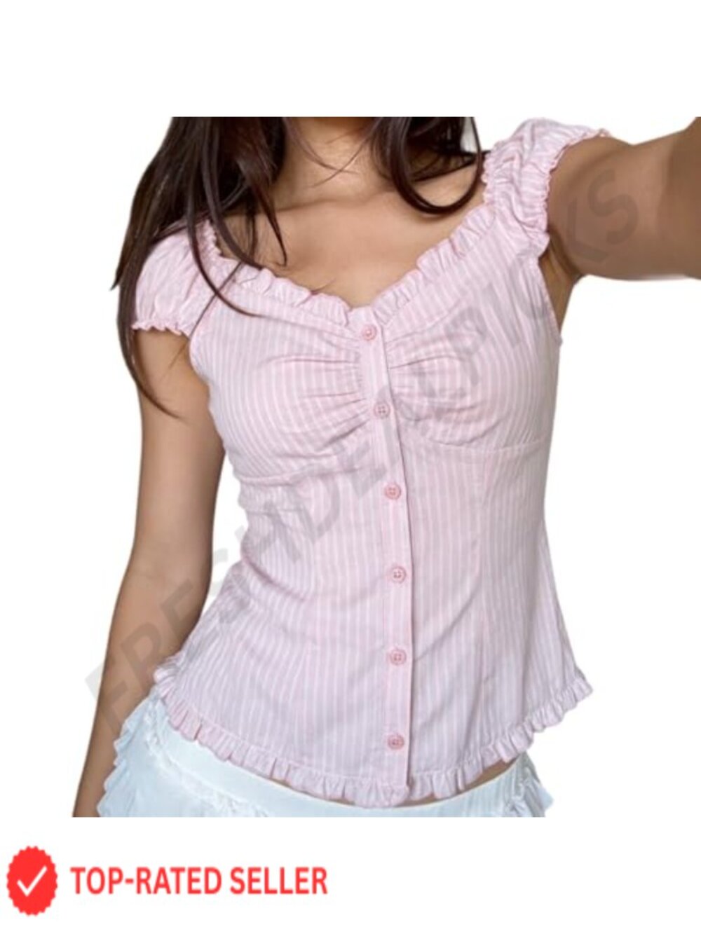 Women Fitted Cotton Blend Button Down Blouse Ruffle Frill Crop Top